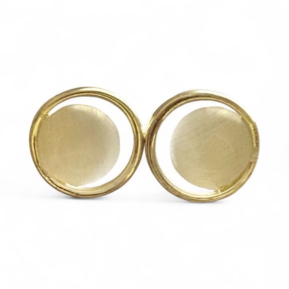 Modernist Gold-Tone Circle Stud Earrings Minimalist Open Hoop Catseye Design - Picture 1 of 5